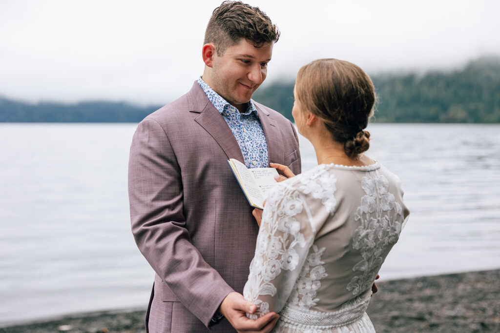 A private elopement ceremony at Lake Crescent in Olympic National Park in Washington.