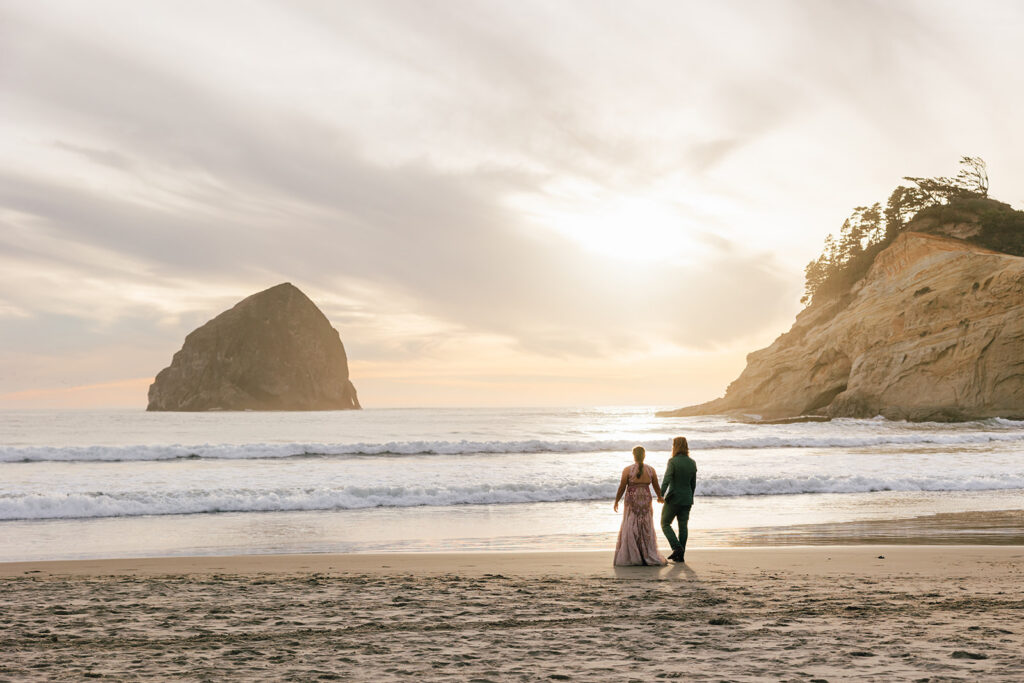 Sunset photos in Pacific City, Oregon on an elopement day.