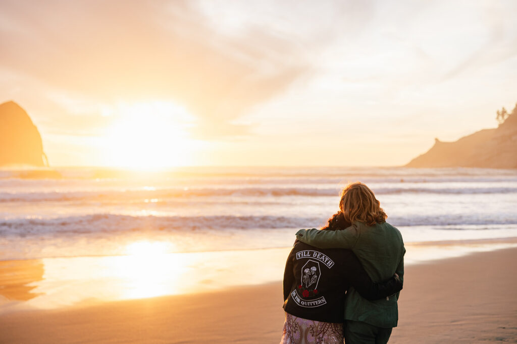 Sunset photos in Pacific City, Oregon on an elopement day.
