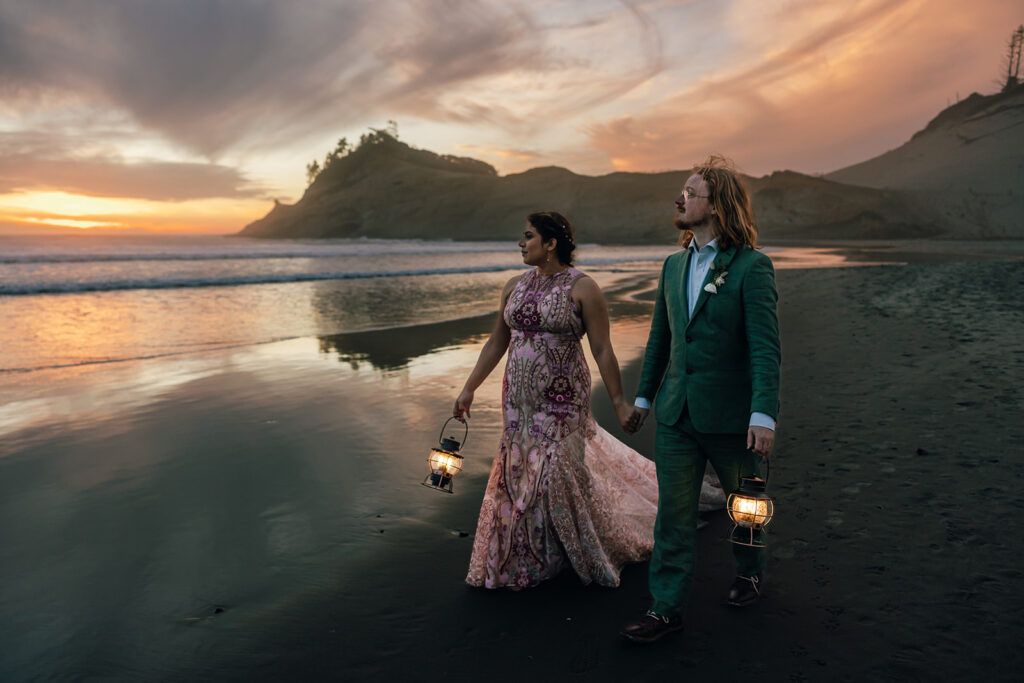 Sunset photos in Pacific City, Oregon on an elopement day.
