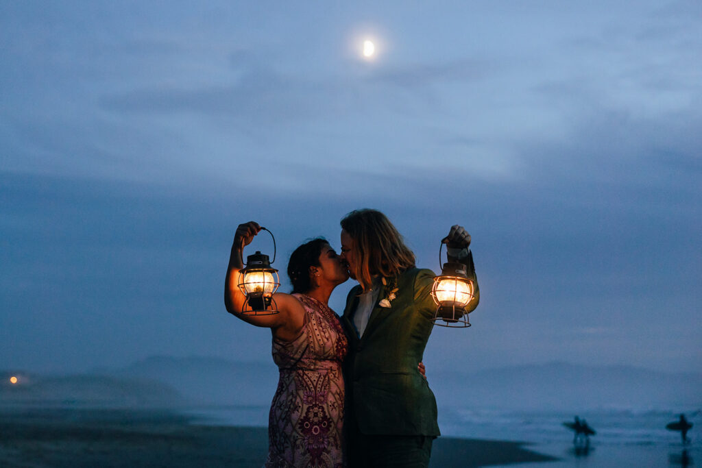 Blue hour photos for an Oregon Coast elopement in Pacific City.