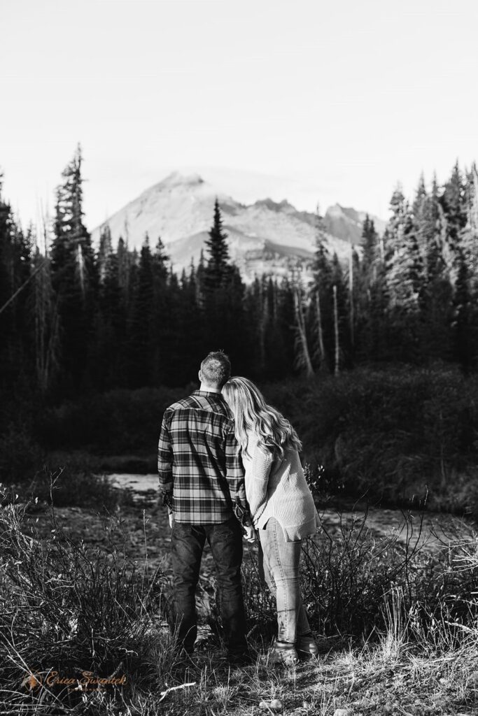 romantic field engagement photos with mountain and forest views in the backdrop in PNW