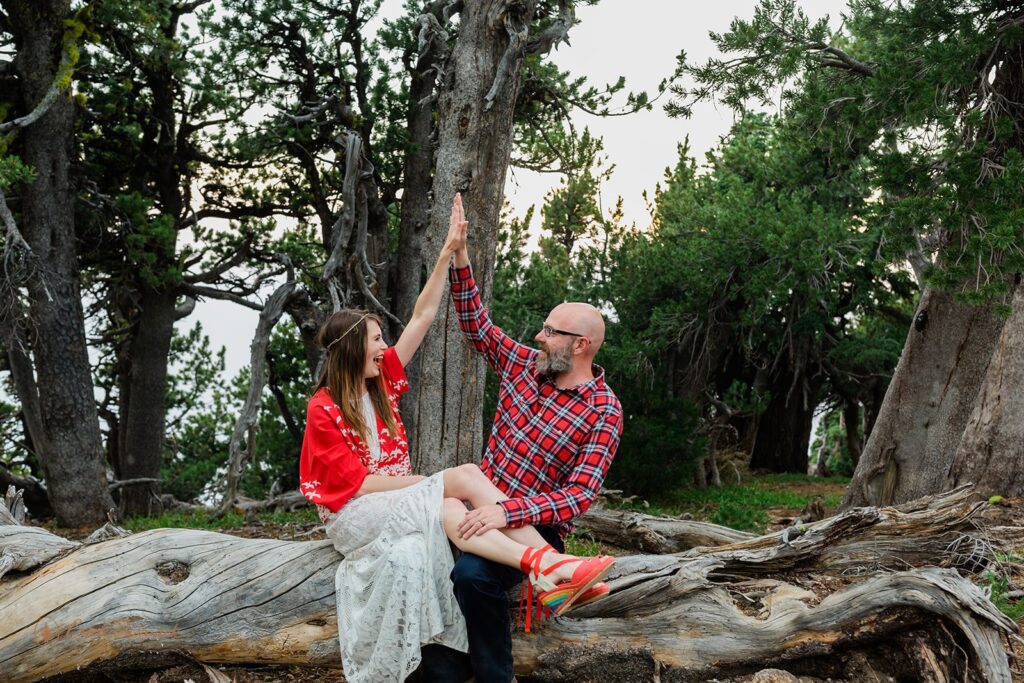 newly weds high fiving each other while sitting on a large log in Crater Lake National Park