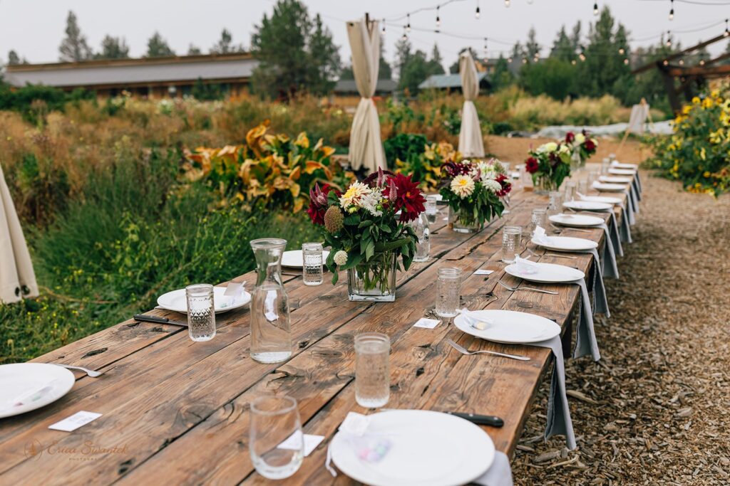 outdoor wedding reception setup at the Rainshadow Organics Farm