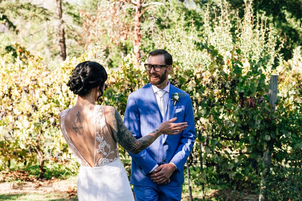 bride and groom elopement first look