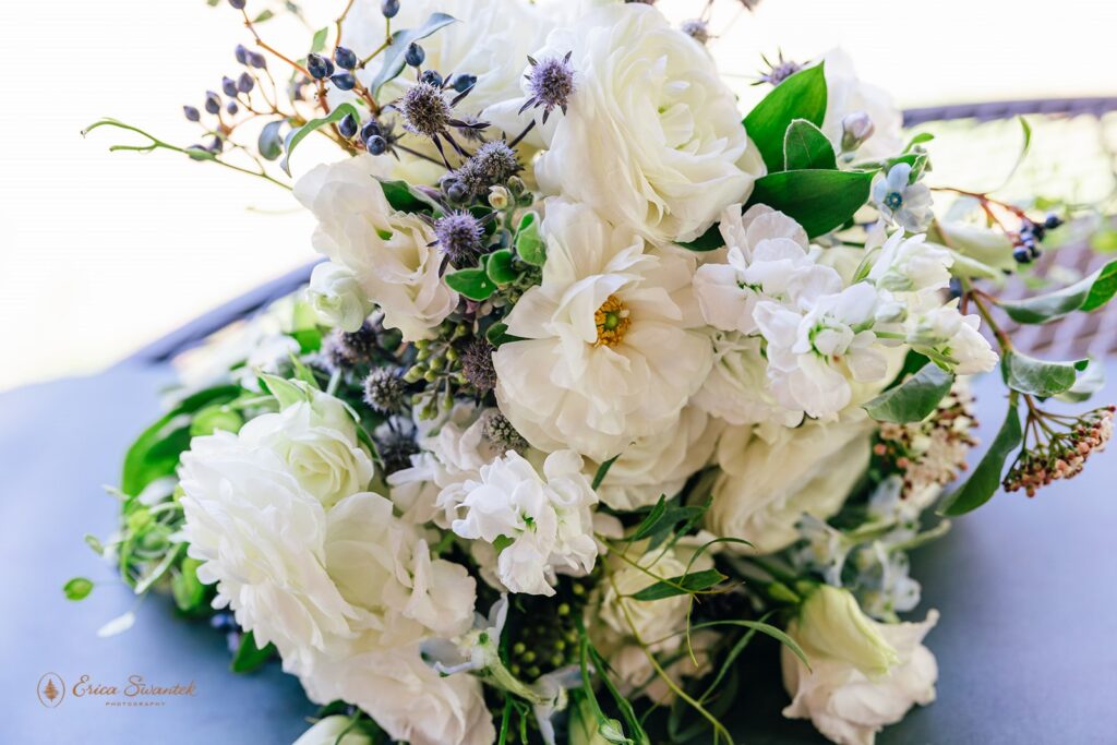 elopement bouquet of white flowers with green and lilac accents