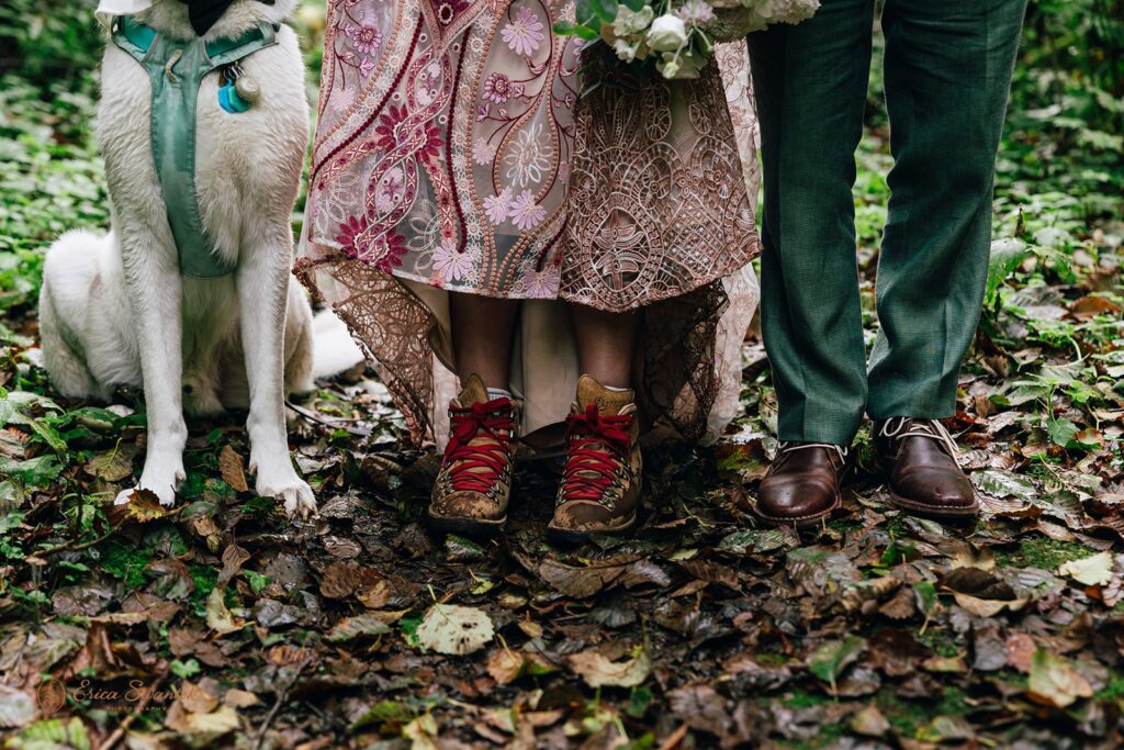 close up of bride and groom's shoes and doggy paws