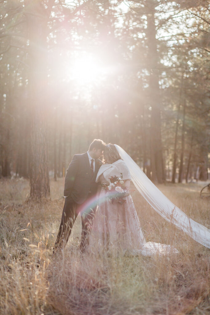 elopement couple walking through a forest together with sun shining through the tree tops