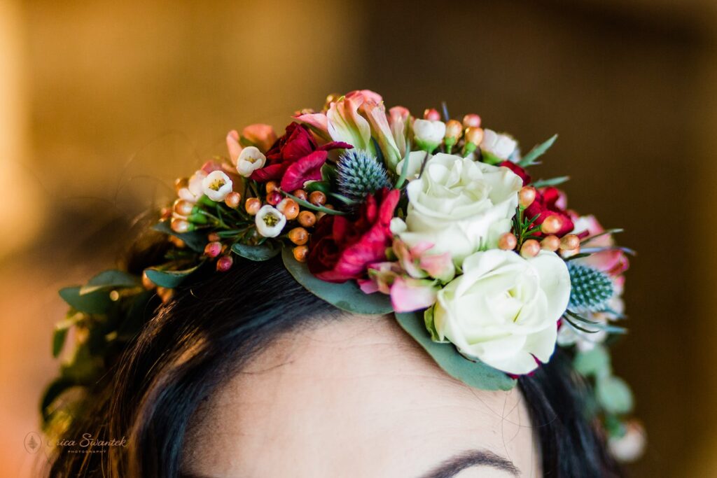 colorful winter elopement bridal headband