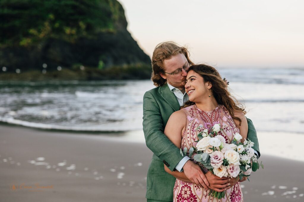 bride and groom coastal elopement portraits in Oregon