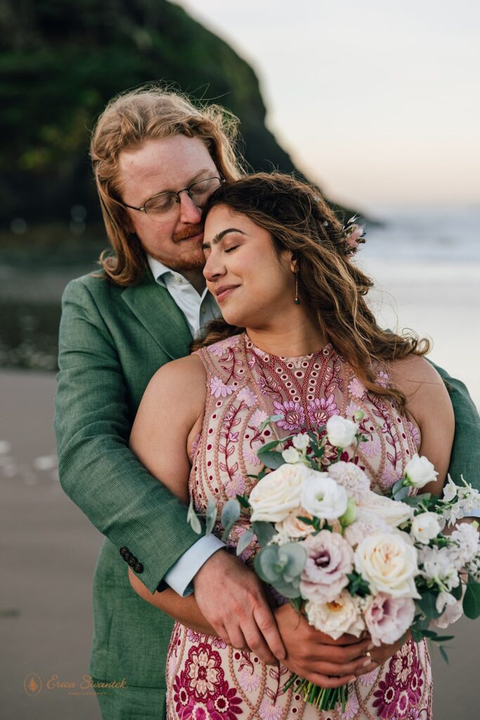 bride and groom coastal elopement portraits in Oregon