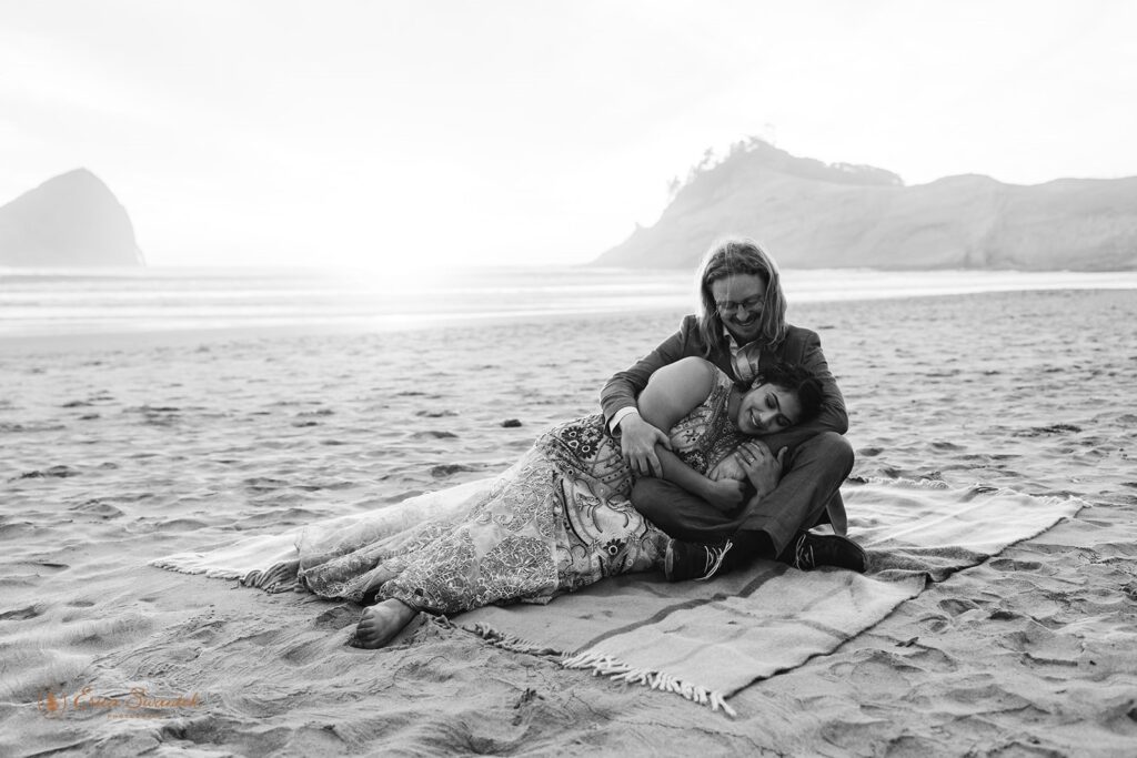 bride and groom during the golden hour in oregon coast