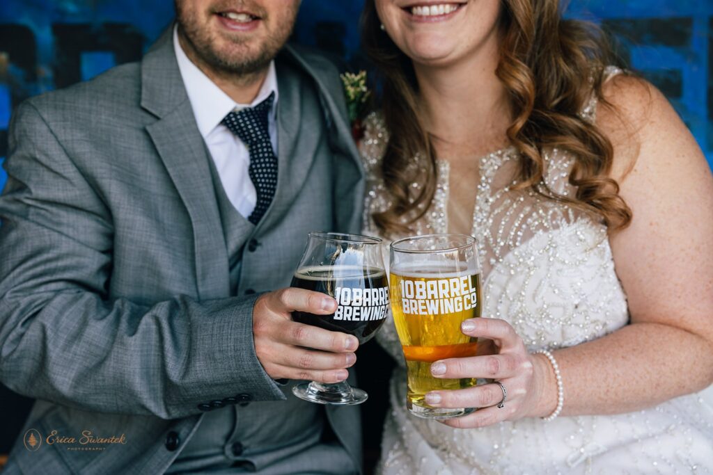 bride and groom photos at a brewery during their bend elopement day