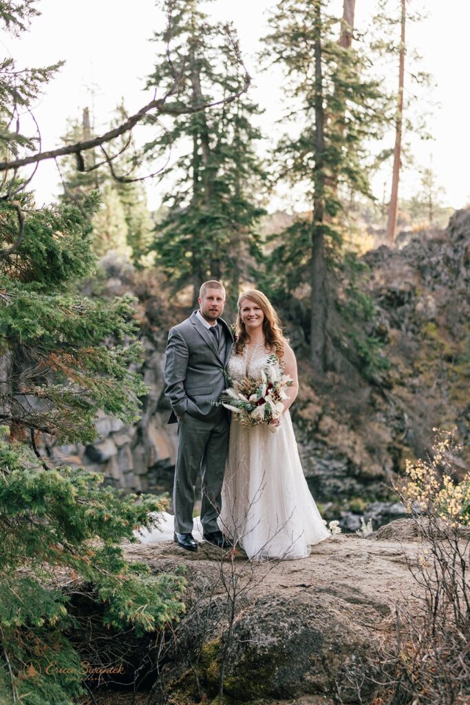 romantic bride and groom during their dreamy fall bend elopement at dillon falls