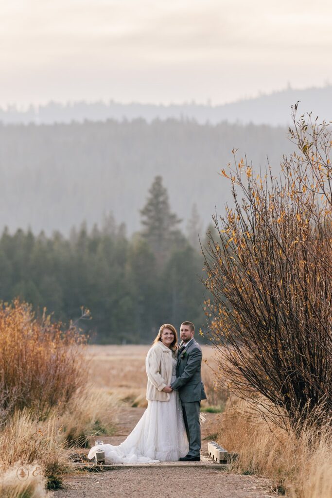 romantic bride and groom during their dreamy fall bend elopement at dillon falls