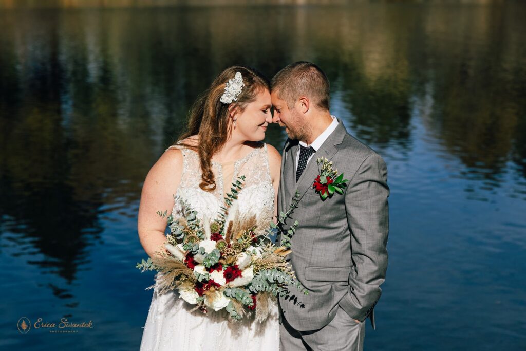 bride and groom putting their foreheads together during an intimate moment