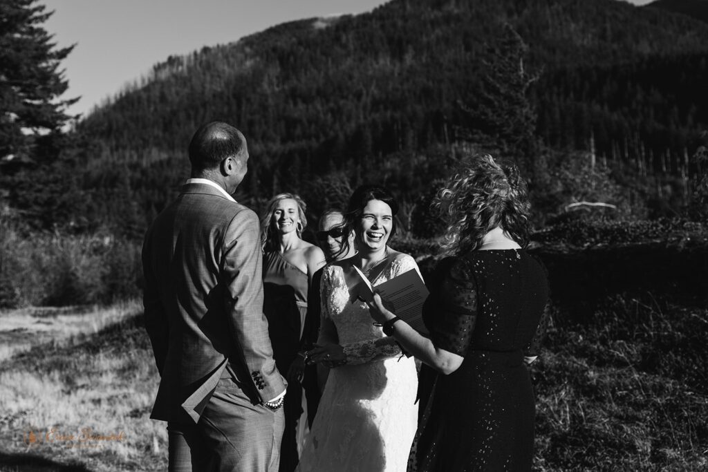 columbia river gorge elopement ceremony during the golden hour, candid and emotional couple exchanging vows