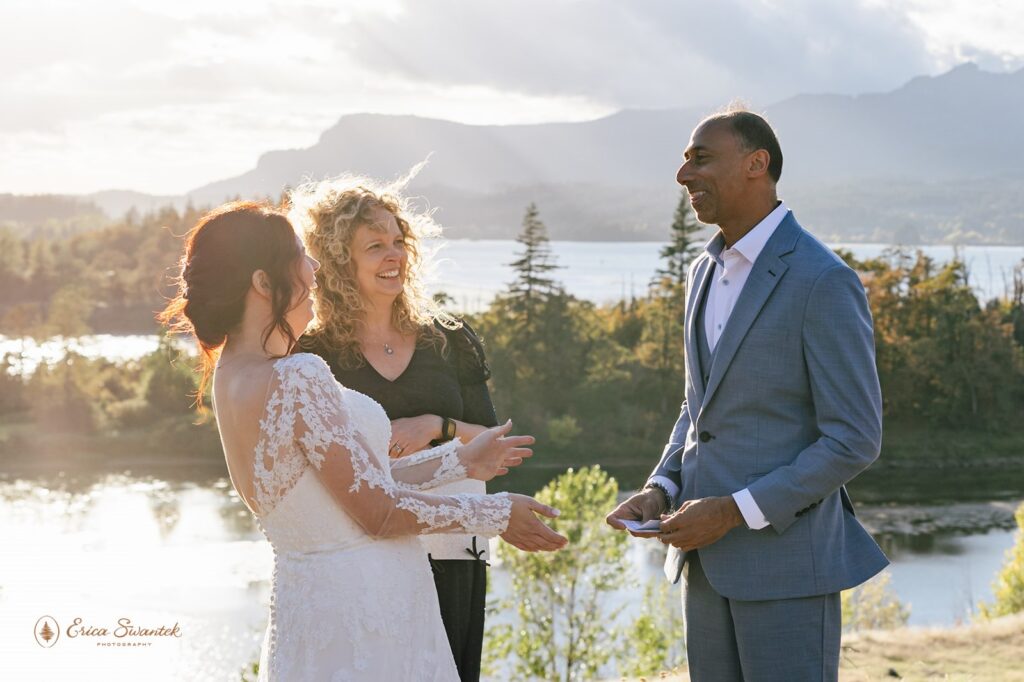 columbia river gorge elopement ceremony during the golden hour, candid and emotional couple exchanging vows