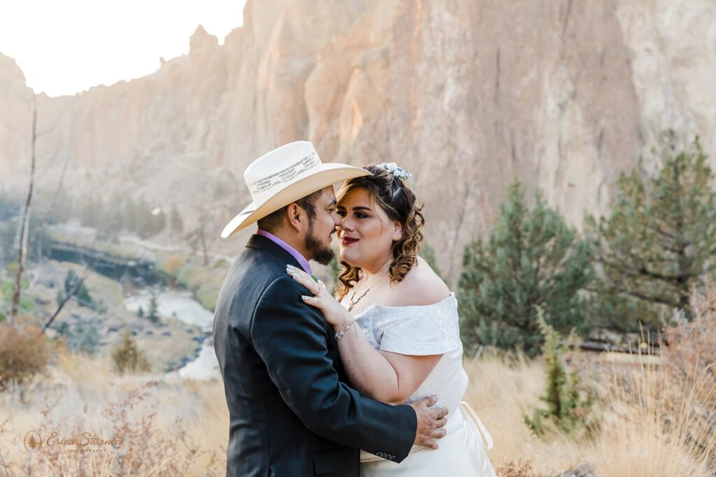 romantic bride and groom during their smith rock elopement day