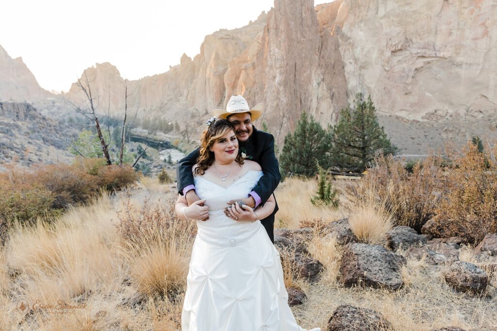 romantic bride and groom during their smith rock elopement day