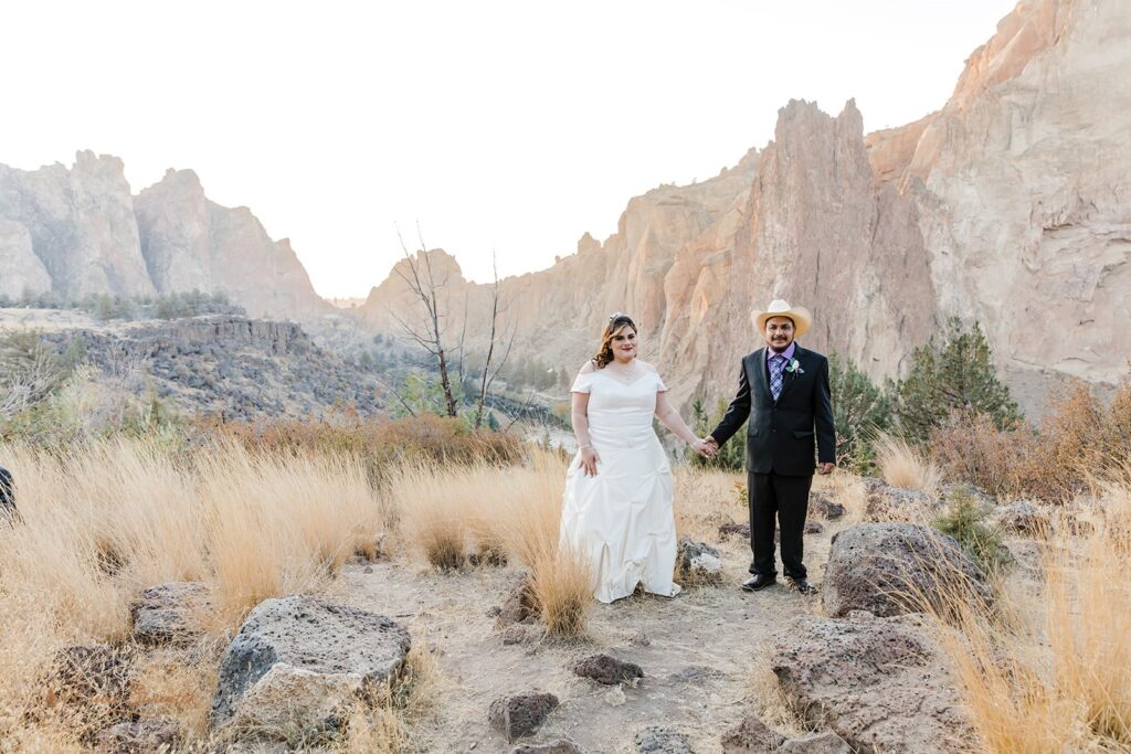 romantic bride and groom during their smith rock elopement day