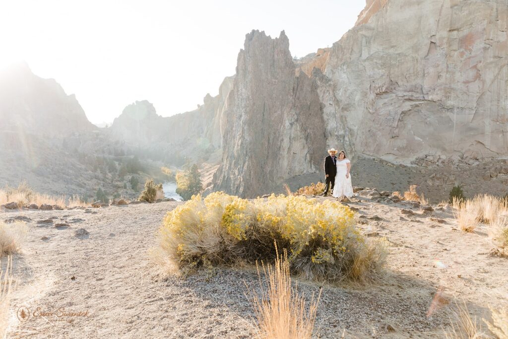 a romantic elopement couple during their sunset smith rock elopement