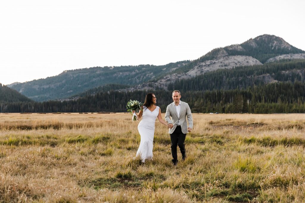 adventurous bride and groom during their sparks lake elopement 