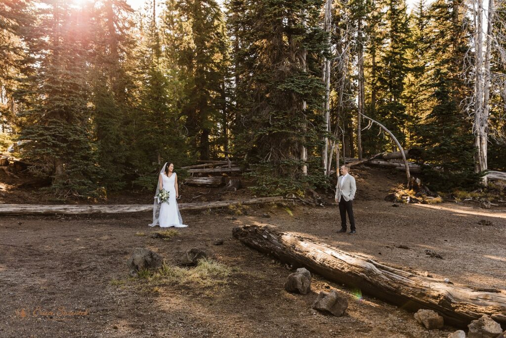 elopement couple in a lush forest during golden hour