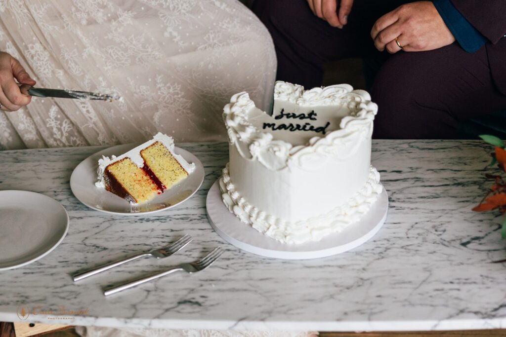 elopement couple cutting cake at their airbnb
