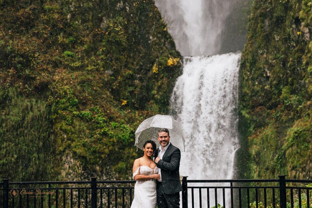 moody Columbia River Gorge elopement with waterfall backdrops