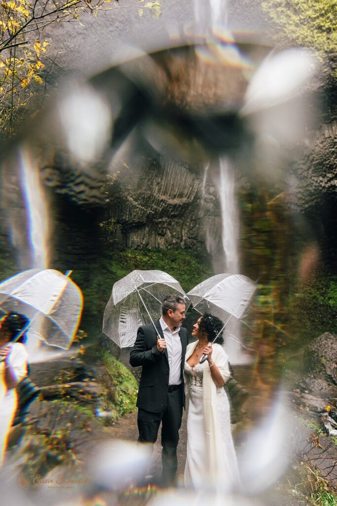 moody Columbia River Gorge elopement with waterfall backdrops