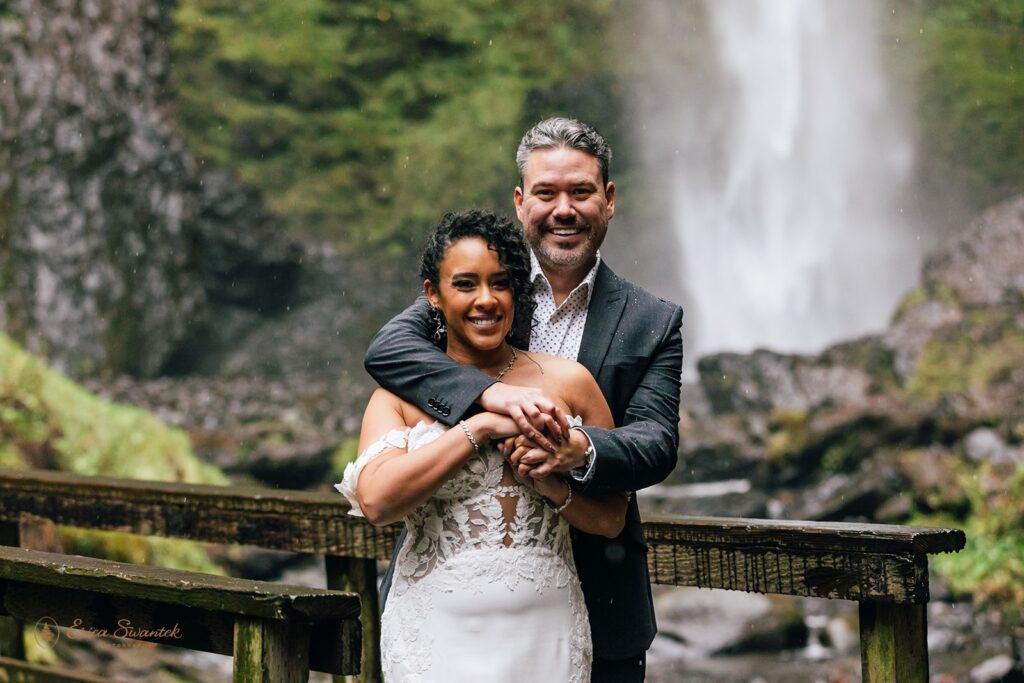moody Columbia River Gorge elopement with waterfall backdrops