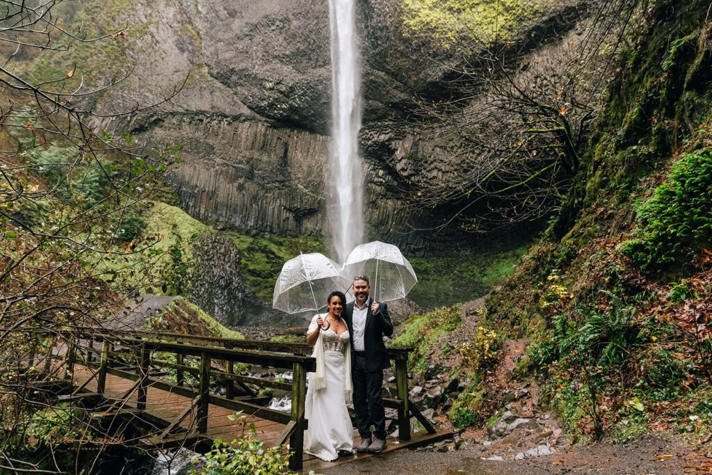 moody Columbia River Gorge elopement with waterfall backdrops