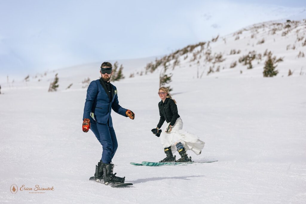 fun mt. hood elopement couple shredding the mountain during their winter elopement on skis