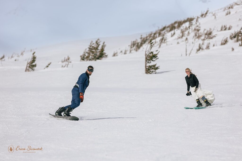 fun mt. hood elopement couple shredding the mountain during their winter elopement on skis
