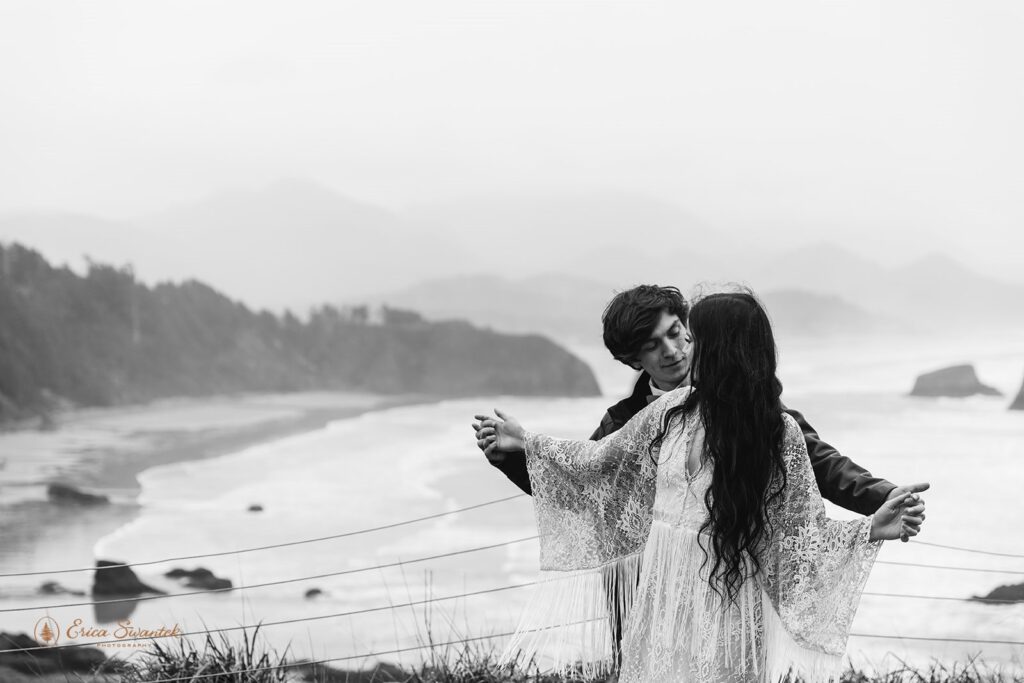 elopement couple in cannon beach, one of the most beautiful and moody oregon elopement locations