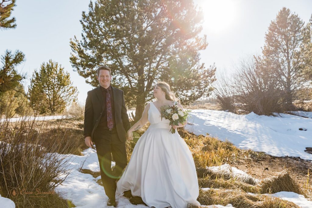 romantic bride and groom moments during golden hour for their sunriver, OR, winter elopement 