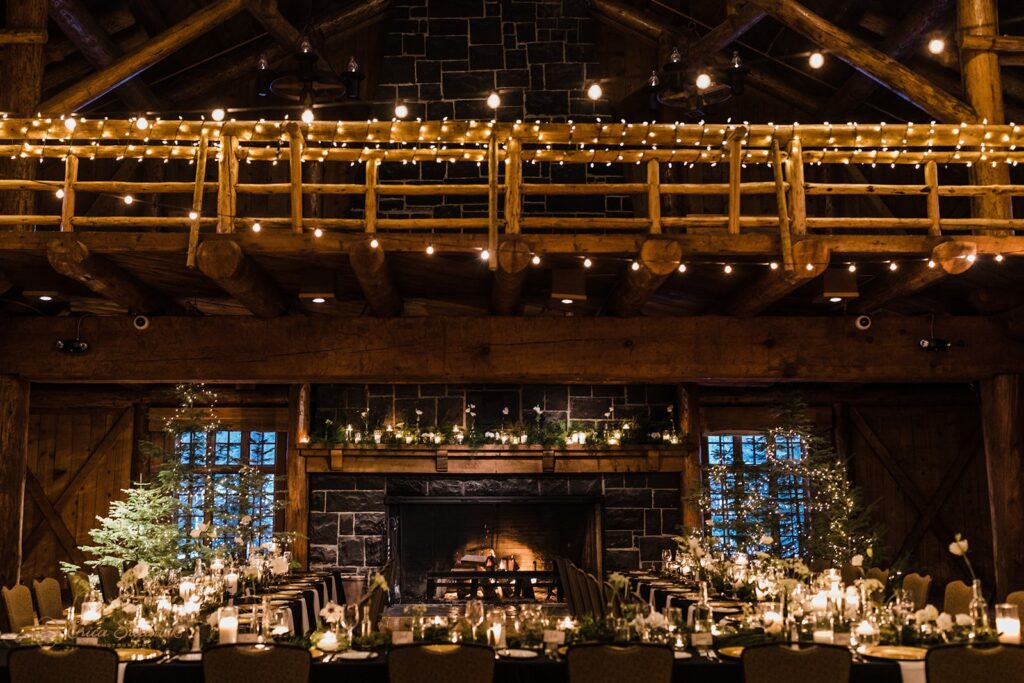 romantic intimate winter wedding reception set up in a cozy rustic wedding venue in Oregon