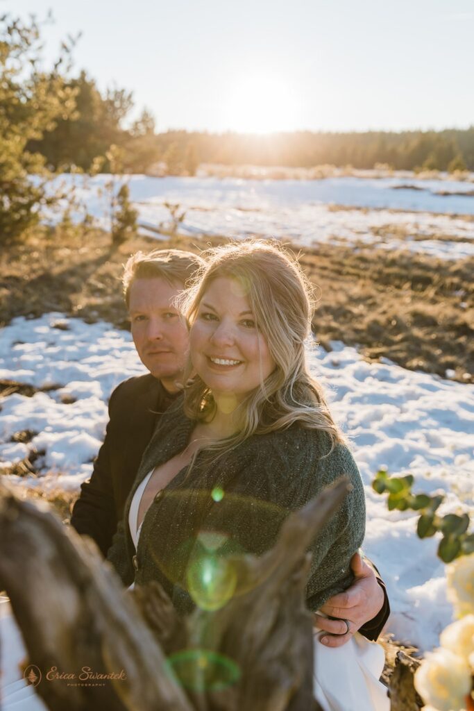 romantic bride and groom moments during golden hour for their sunriver, OR, winter elopement 