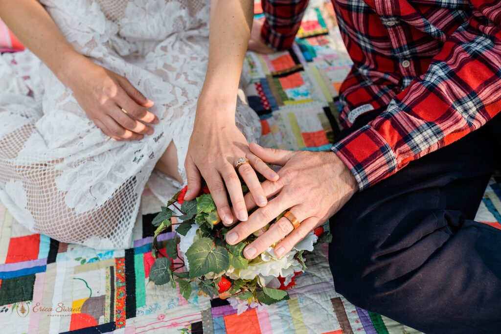 close up of bride and groom showing off their wedding rings