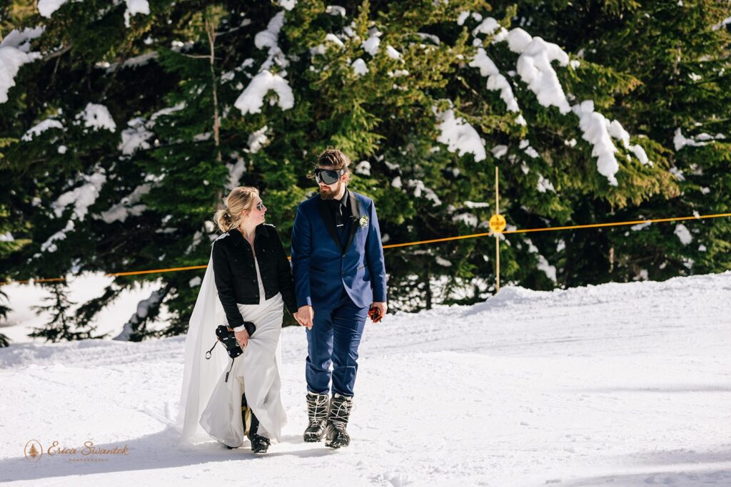 mt hood forest elopement in winter on skis