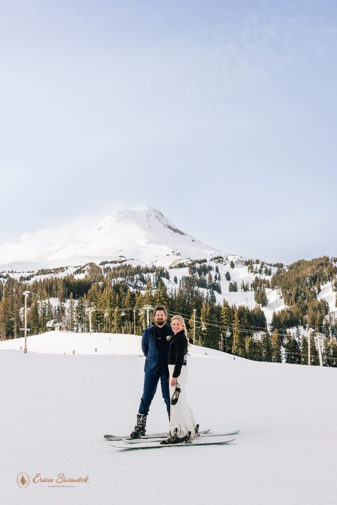 mt hood forest elopement in winter on skis