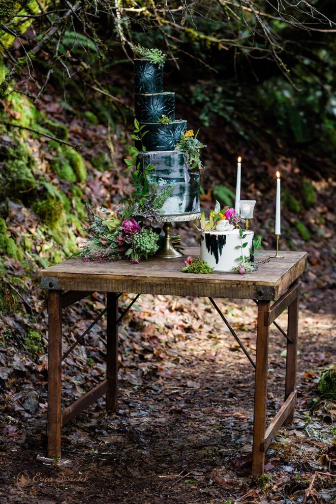 cute forest elopement table set up with a forest-themed elopement cake
