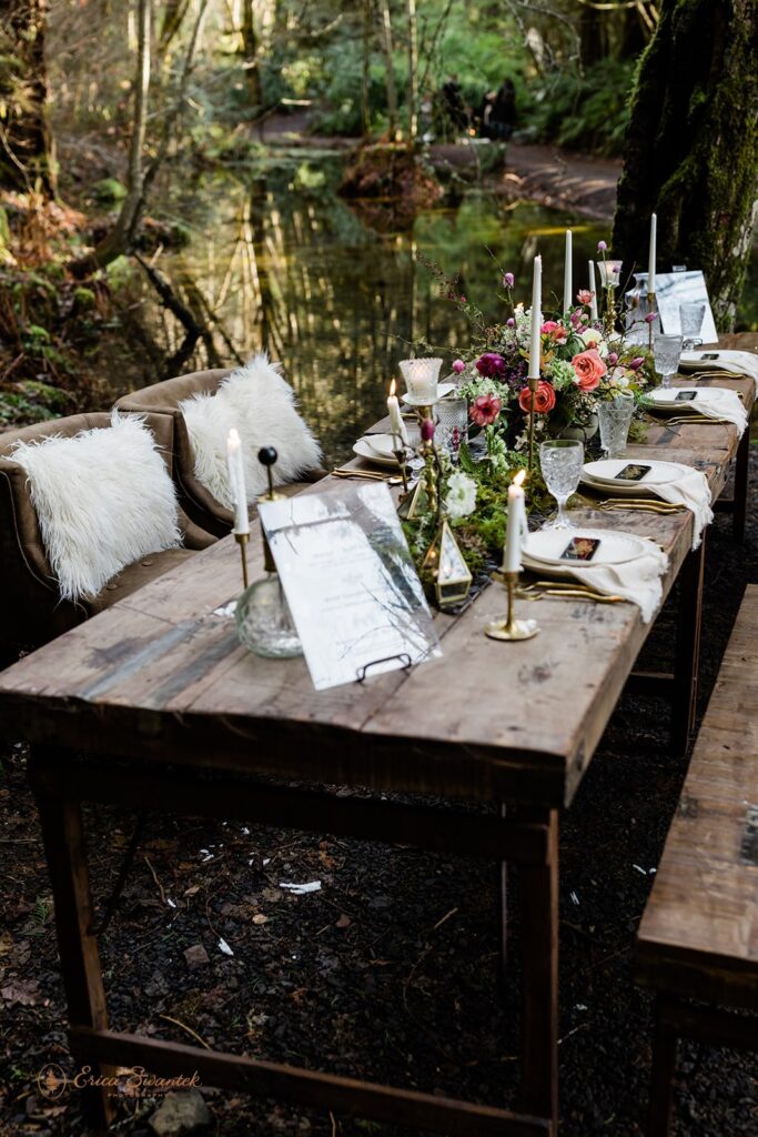 small wedding reception table set up outdoors during a belknap hot springs elopement