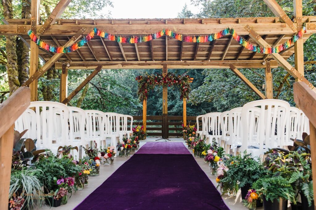 intimate forest elopement ceremony set up at Horning's hideout 