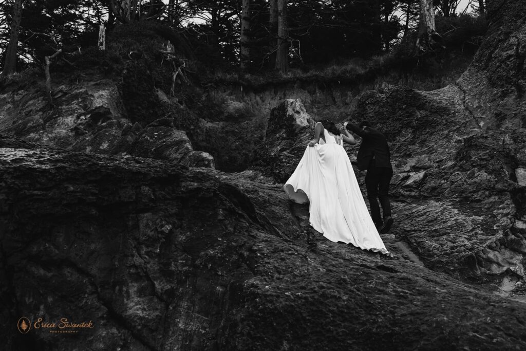 adventurous bride and groom hiking during their oregon coast micro wedding day