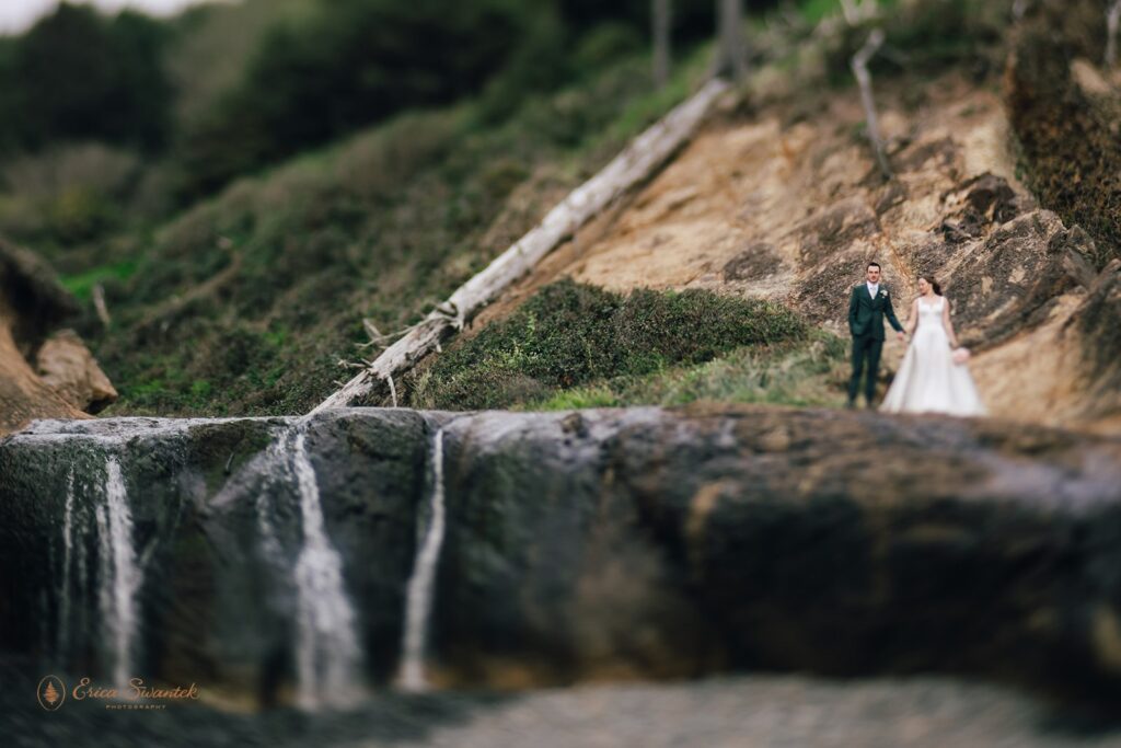 adventurous bride and groom hiking during their oregon coast micro wedding day