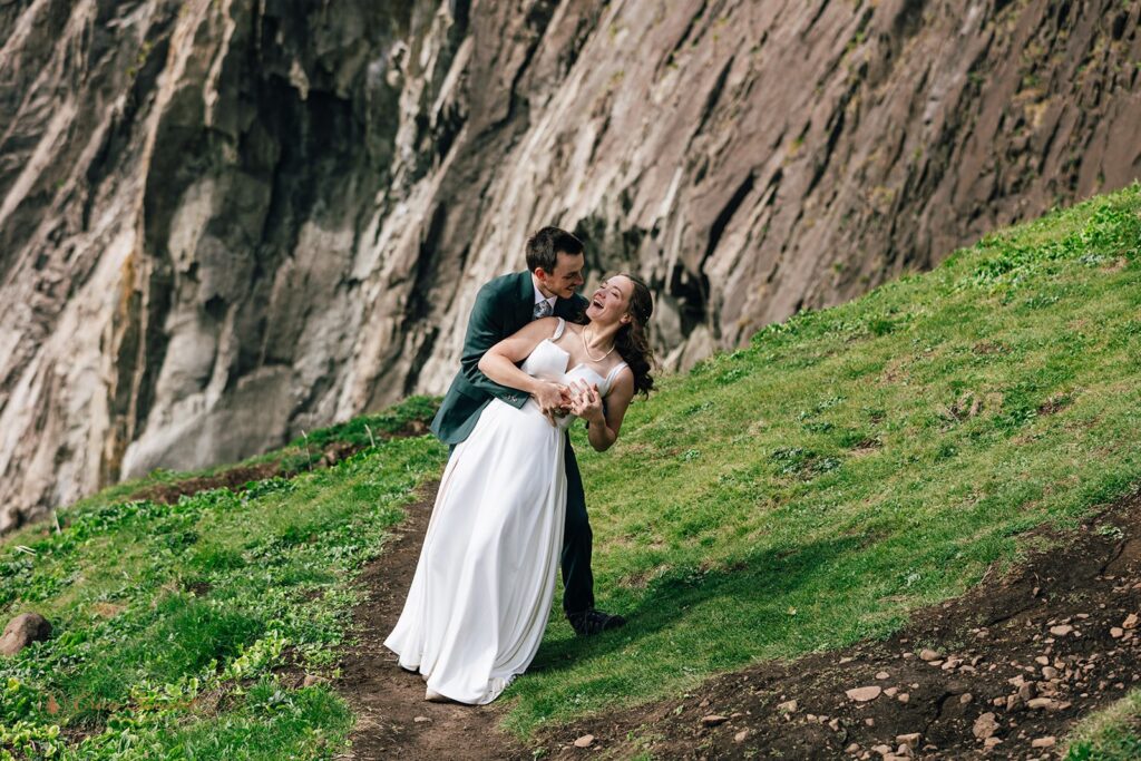 playful and romantic bride and groom during their oregon coast micro wedding