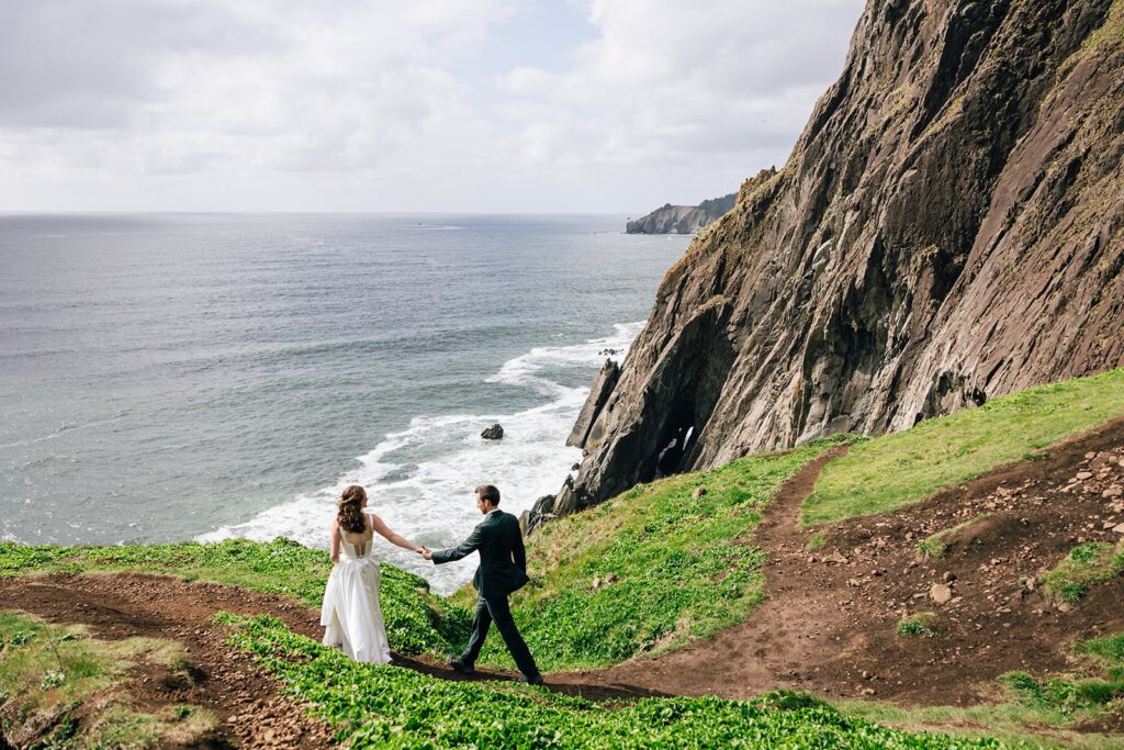 playful and romantic bride and groom during their oregon coast micro wedding