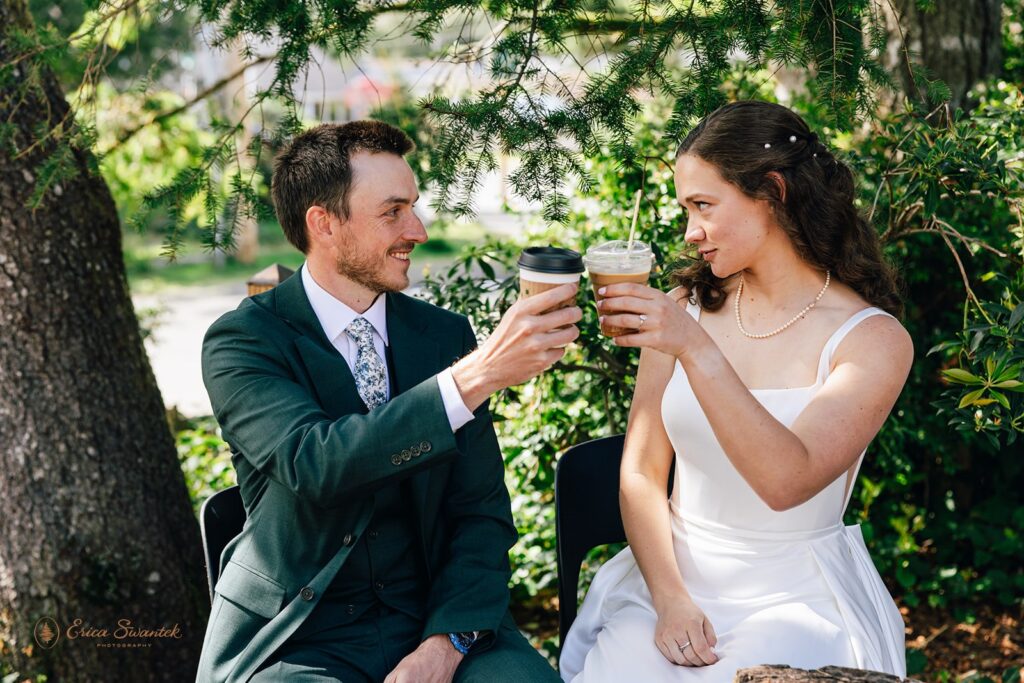 bride and groom enjoying a coffee date during their elopement day